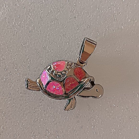 New -  Turtle Pink Fire Opal 925 Silver Pendant - Includes a Chain - Picture 4 of 5